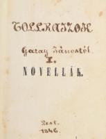 Garay János: Tollrajzok I.-III. kötet, egybekötve. I.kötet: Novellák, népmondák és legendák, II. kötet: Genre-képek, elmefuttatások és komolycsák, III. kötet: Tájrajzok és utiképek. Pest, 1846, Hartleben Konrád A., (Trattner-Károlyi-ny.), 1 (pótolt kézirásos címlap) sztl. lev +3-256 p.+257-259+1 (kézírásos pótolt oldalak) p.;6+208+2 p.;2+191+1 p. Kopottas félvászon-kötés, kopott borítóval, sérült gerinccel és kötéssel, a könyvtest elvált a borítótól, az I. rész címlapja és néhány utolsó lap (257-259+1 kézírásos lapokkal pótolt), a III. rész címlapja és az azt követő lap restaurált, a II. részben egy lap szakadt, névbejegyzésekkel.