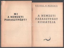 1945-1947 Nemzeti parasztpárttal kapcsolatos tétel, 4 db:   Mi a Nemzeti parasztpárt? Bp., én., Általános Nyomda, a borító és az első lap a gerince mentén kissé összeragadt, szakadt borítóval, 23 p.;   A Nemzeti parasztpárt kiskátéja. Bp.,(1945), Általános Nyomda,45+3 p.;   Erős parasztpárt, erős parasztság. Bp., 1945, Athenaeum, hajtott, szakadt, 40 p.;   A Nemzeti parasztpárt programjavaslata. Ezt a programjavaslatot a Nemzeti parasztpárt 1947 május 1-én a mezőtúri Dózsa-napon hirdette ki. Bp.,1947, Általános Nyomda,hajtott, szakadt, foltos, 14 p.