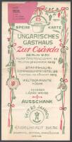 1936 Engelhardt Biere Ungarisches Gasthaus Zur Csárda, berlini magyar csárda német nyelvű ét- és itallapja, magyar stílusú grafikával, hajtott, 2 sztl. lev.