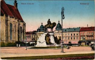 1915 Kolozsvár, Cluj; Mátyás király tér és szobor, Erdélyi Bank. Vasúti levelezőlapárusítás 21. sz. 1915. / square, monument, bank (EK)