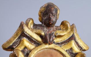 Barokk puttófejes faragott fa keret, cca 18-19.sz, kopással, 30x21 cm