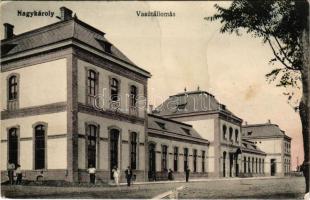 1915 Nagykároly, Carei; vasútállomás. Sámuel Sándor kiadása / railway station (fl)