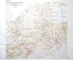 [Térkép] Pétervására és Salgótarján közötti terület földtani térképe. Felvette Vecsey György közreműködésével Szentes Ferenc. Mértéke: 1 : 25.000. Geologische Karte des Gebietes zwischen Pétervására und Salgótarján. (1937-1938) Budapest, 1938. Magyar Királyi Földrajzi Intézet. Színes térkép, mérete: 730x800 mm egy 790x955 mm méretű térképlapon. Színes térképünk Nógrád megye északkeleti részének földtani felmérése, mely a Salgótarjántól keletre, és Pétervásárától északra elterülő vidéket ábrázolja: a Medves-fennsíkot, balra és jobbra a Zagyva és a Tarna folyóvölgyének felső szakaszát, illetve délen a Mátra előhegyeit. Az ábrázolt terület nyugati határát a Domonkos-tető, Rónabánya, Mátraszele, Bátonyterenye, északi határán a ma már Szlovákiában található Medvehidegkút települése fekszik. Térképünk keleti határát a Tarna folyása jelöli ki, Zabar és Erdőkövesd településékkel. Geológiai célzatú térképünkön a két névadó település, Salgótarján és Pétervására már a határokon kívül: Salgótarján Rónabányától nyugatra, Pétervására Erdőkövesd alatt. A gazdag széntelepeket rejtő kelet-nógrádi bányavidék a két világháború közötti időszak szénbányászatának meghatározó jelentőségű körzete, a térképen a hegyrajzi, vízrajzi, település- és közlekedési részleteken kívül színkódolással a vidék földtani összetétele, illetve a széntelepek vetődései és rétegdőlései. Kétnyelvű jelmagyarázat a jobb felső sarokban. Jó állapotú térkép, hajtogatva.