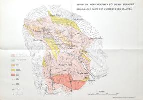 [Térkép] Aranyida környékének földtani térképe. Geologische Karte der Umgebung von Aranyida. Mérték: 1 : 30.000. Budapest, [1900 körül]. Magyar Földrajzi Intézet. Színes térkép, mérete: 330x320 mm 350x500 mm méretű. Színes térképünk a Kassa nyugati szomszédságában elterülő Gömör-szepesi-érchegység fontos bányászati területének, az Aranyida környéki vidéknek földtani térképe, domborzati és vízrajzi részletekkel, kőzettani színkódolással, a meglevő tárnák, salakhányók és a kutatópontok feltüntetésével. Aranyida határában a középkorban helyi jelentőségű ezüst- és aranybányászat folyt, döntően német telepesekkel, majd a bányászat gazdaságtalanná válásával a bányavidék elhagyatottá vált. A 18. században az egykori német telepesek helyébe szlovákok érkeztek, a bányákat pedig az 1874. évi geológiai felméréseket követően, a 19. század harmadik harmadában újranyitották, ekkoriban már inkább antimon bányászata céljából. A területről Rozlozsnik Pál bányageológus 1912-ben adott ki kisebb monográfiát. Jó állapotú lap, hajtogatva.