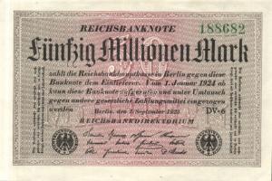 Német Birodalom / Weimari Köztársaság 1923. 50.000.000M (2x) fehér papíron, "Hakensterne" ...