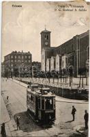 1917 Trieste, Trieszt; Tramvay Comunale, P. C. Goldoni S. Sabba / tram, church + "SMS TRIGLAV" (surface damage)