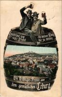 1907 Coburg, Ein kräftiges Prosit aus dem gemütlichen Coburg / drunk men humour montage with barrel and beer (fl)
