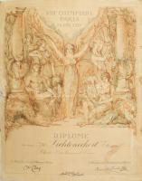 1924 Lichteneckert (Lichtneckert) István (1892-1929) tőrvívó, a bronzérmes magyar tőrcsapat tagjának díszoklevele az 1924. évi párizsi olimpiáról. Nagyméretű, dekoratív grafikával illusztrált oklevél (szign.: Bernard Nandin); Justinien Clary, a Francia Olimpiai Bizottság elnöke, ill. Pierre de Coubertin, a Nemzetközi Olimpiai Bizottság társalapítója és elnöke nyomtatott aláírásaival. Sérülésekkel, foltokkal, restaurálandó állapotban, 64,5x49,5 cm / 1924 Certificate of the 1924 Summer Olympics in Paris for István Lichteneckert (1892-1929) Hungarian fencer, who won a bronze medal in the team foil competition; with printed signatures of Justinien Clary, President of the French Olympic Committee, and Pierre de Coubertin, co-founder and President of the International Olympic Committee. With tears and stains, in need of restoration, 64.5x49.5 cm