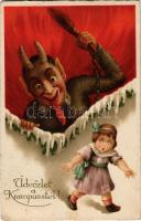 1927 Üdvözlet a Krampusztól / Krampus with brich, chains and little girl (EK)