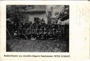 1906 Jánosfölde, Jánosföld, Iohanisfeld; Fiúzenekar a karmesterrel / Knaben-Kapelle aus Jánosföld (Ungarn) mit Kapellmeister Peter Schmidt / boys music band with the conductor (vágott / cut)