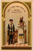 A Happy New Year / Boldog Új évet! Héber nyelvű zsidó újévi üdvözlőlap. Judaika / Jewish Art Nouveau New Year greeting postcard with Hebrew text, Judaica. litho (ázott sarok / wet corner)