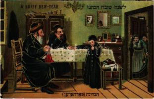 A Happy New Year / Boldog Új évet! Héber nyelvű zsidó újévi üdvözlőlap. Judaika / Jewish Art Nouveau New Year greeting postcard with Hebrew text, Judaica. litho (ázott sarok / wet corner)