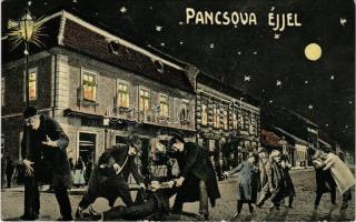 1910 Pancsova, Pancevo; éjjeli humoros montázs részeg férfiakkal, Corso kávéház, Weinstein Jakab üzlete. Kohn Samu kiadása / Montage with drunk men at night, humour, café and shops (kis szakadás / small tear)