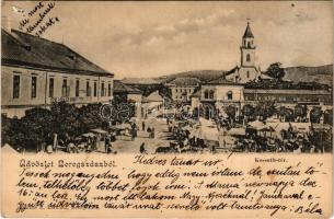 1904 Beregszász, Beregovo, Berehove; Kossuth tér, piac, Szálloda az Arany Oroszlánhoz, Berger Lipótné üzlete. Farkas J. kiadása / square, market, hotel, shops (lyukak / pinholes)