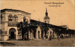 1908 Beregszász, Beregovo, Berehove; Kossuth Lajos tér, Landau Emanuelné, Farkas J. üzlete és saját kiadása. 1927. (W.L. ?) / square, publisher's shop (EK)