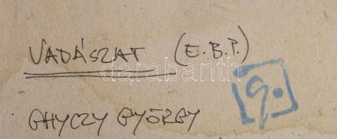 Ghyczy György (1953-): Vadászat. Computer print, papír, jelzett, üvegezett fakeretben, 19×19 cm