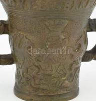 Antik bronz mozsár címerrel, felirattal, törővel d: 11 cm, m: 11 cm