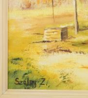 Szalay S. Zoltán (-). Kunsági tanya. Olaj, farost, jelzett, 35×50 cm. Dekoratív fakeretben