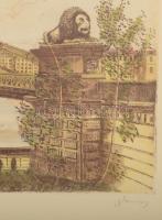 Blahos Rudolf (1917-1986): Lánchíd. Színezett rézkarc, papír, jelzett. Dekoratív, üvegezett fakeretb...