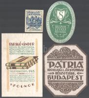 cca 1940 Szeiler József, Faragó Sándor Szolnok, Pátria Budapest 4 db nyomda reklám címke 16 cm-ig