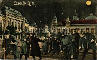 1915 Cegléd, éjjeli humoros montázs részeg férfiakkal. Sárik Gyula kiadása (EK)