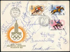 1980 Moszkvai Olimpia FDC rajta világhírű sportolók, olimpikonok, közötte amerikaiak autográf aláírásával / 1980 Moscow Olympics FDC with autograph signatures of world-famous athletes, Olympians, including Americans /