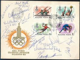 1980 Moszkvai Olimpia FDC rajta világhírű sportolók, olimpikonok, közötte amerikaiak autográf aláírásával / 1980 Moscow Olympics FDC with autograph signatures of world-famous athletes, Olympians, including Americans /