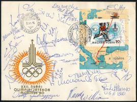 1980 Moszkvai Olimpia FDC rajta világhírű sportolók, olimpikonok, közötte amerikaiak autográf aláírásával / 1980 Moscow Olympics FDC with autograph signatures of world-famous athletes, Olympians, including Americans /