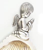 Ezüst(Ag) ékszertartó kagyló plasztikus angyal nyéllel, jelzett, 12,5×7,5 cm, nettó: 40 g