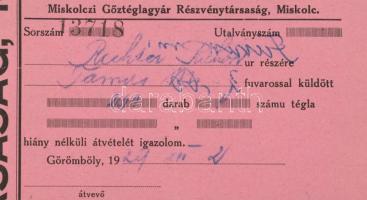 Görömböly 1930 "Miskolczi Gőztéglagyár Részvénytársaság" téglaátvételi elismervény kb 40 d...
