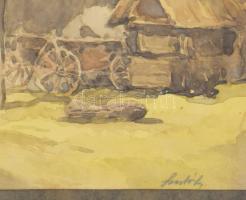 Szabó László (1895-?): Tanya szekérrel. Akvarell, papír, jelzett, üvegezett fakeretben, 15x20,5 cm