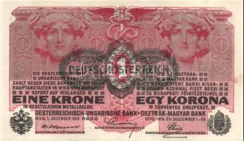 Ausztria/Osztrák-Magyar Bank 1916. 1K (4x) fekete "Deutschösterreich" fny.-sal, közte egym...