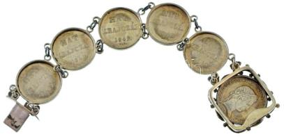 1848KB 10kr Ag "V. Ferdinánd" + 1849NB 6kr Ag (5x), karkötőként összefűzve, zárható csatta...