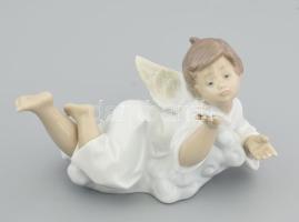 LLadro fekvő kívánságot kívánó angyal kézzel festett, mázas kerámia, jelzett, hibátlan, eredeti dobozában, 14 cm