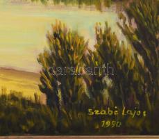 Szabó Lajos (1927-1995): Folyóparton. Olaj, vászon, jelzett. Hátoldalán címkével és autográf felirat...