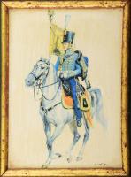 Dekoratív fakeret, huszárt ábrázoló nyomattal, olvashatatlan jelzéssel, belső méret, 24×20 cm