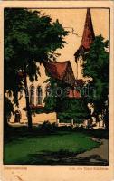 1930 Nagyszeben, Hermannstadt, Sibiu; Johanniskirche / Evangélikus templom / Lutheran church. litho s: Trude Schullerus (EB)