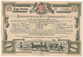 Budapest 1882. "Budapesten VII-ik Sorsjáték" sorsjegy 1Ft értékben magyar és német nyelven, hátoldalán bélyegzéssel T:VF szakadás