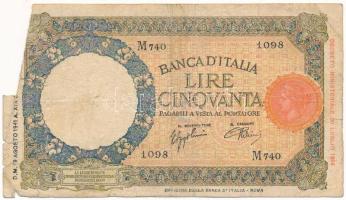 Olaszország 1941. 50L T:VG papírhiány Italy 1941. 50 Lire C:F missing paper Krause P#58