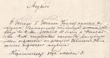 1898(?) Kézdivásárhely (Târgu Secuiesc), meghívó I. Ferenc József névnapja alkalmából a kantai róm. ...