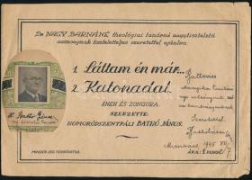 1945 Munkács, H. Bathó János (1872-1956) nótaszerző autográf aláírása és sorai két dalának kottáján (1. Láttam én már... 2. Katonadal), beragasztott arcképpel, 2 sztl. lev.