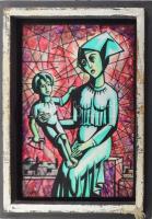 Varga Mátyás (1910-2002): Modern madonna. Festett üveg. Jelezva balra lent. Fakeretben. 25,5x18 cm