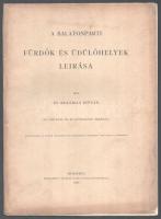 Bolemann István: A balatonparti fürdők és üdülőhelyek leirása. Bp., 1900, Hornyánszky Viktor, 55+1 p. Különlenyomat a "A Balaton tudományos tanulmányozásának eredményei" czímű munka III. kötetéből. Fekete-fehér fotóanyaggal illusztrált. Kiadói papírkötés, restaurált borítóval, a IX tábla hiányzik!   Ritka!