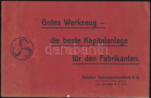 cca 1900-1910 Dresdner Bohrmaschinenfabrik A.-G. német fúrógépgyár képes katalógusa / árjegyzéke. Fekete-fehér illusztrációkkal, német nyelven. Kiadói tűzött papírkötés, 30 p.