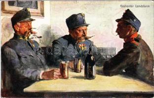 Gedienter Landsturm. Offizielle Karte für Rotes Kreuz, Kriegsfürsorgeamt, Kriegshilfsbüro Nr. 256. / WWI Austro-Hungarian K.u.K. military art postcard, soldiers drinking s: S. Mautner (EK)