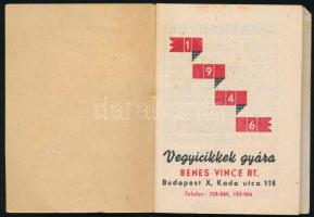 1946 Vegyicikkek Gyára Benes Vince Rt., Bison cipőpaszta / Tangó padlóviasz reklámos zsebnaptár, 8x5...