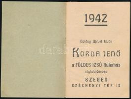 1942 Szeged, Korda Ruha-Divatház naptár és előjegyzési napló, kitöltetlen, jó állapotban