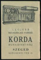 1942 Szeged, Korda Ruha-Divatház naptár és előjegyzési napló, kitöltetlen, jó állapotban