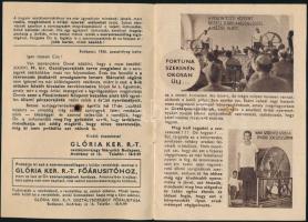 1936 Glória Kereskedelmi R.T. osztálysorsjáték reklámprospektus, a címlapon szerencseszám-koronggal,...