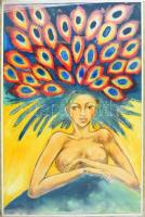 Sörös Pál (1956-): Pávatollas akt. Pasztell, vászon. Jelzett. Dekoratív, üvegezett fakeretben. 100x66 cm. KIZÁRÓLAG SZEMÉLYES ÁTVÉTEL, NEM POSTÁZZUK / ONLY PERSONAL COLLECTION IN OUR OFFICE!